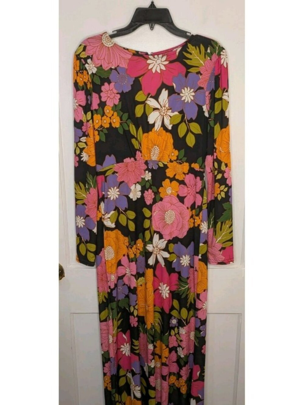River Island 70s Floral Maxi Dress Long Sleeve Black Pink Boho Festival Sz US 10